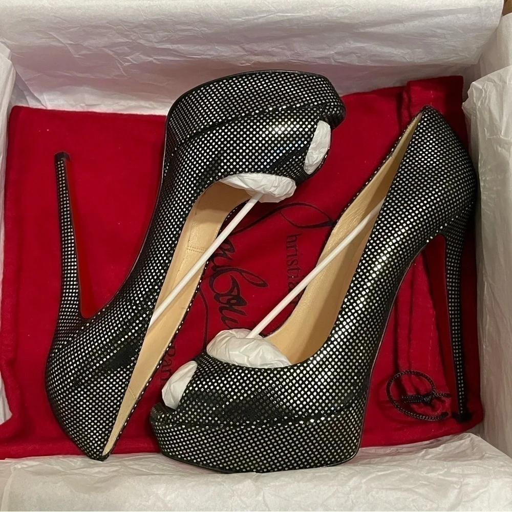 Christian Louboutin Lady Peep plaid polka glitter pump 140mm 1” platform EU38.5